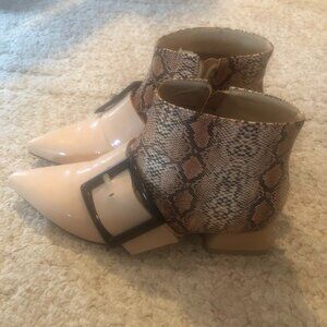 Snake print patent bootie